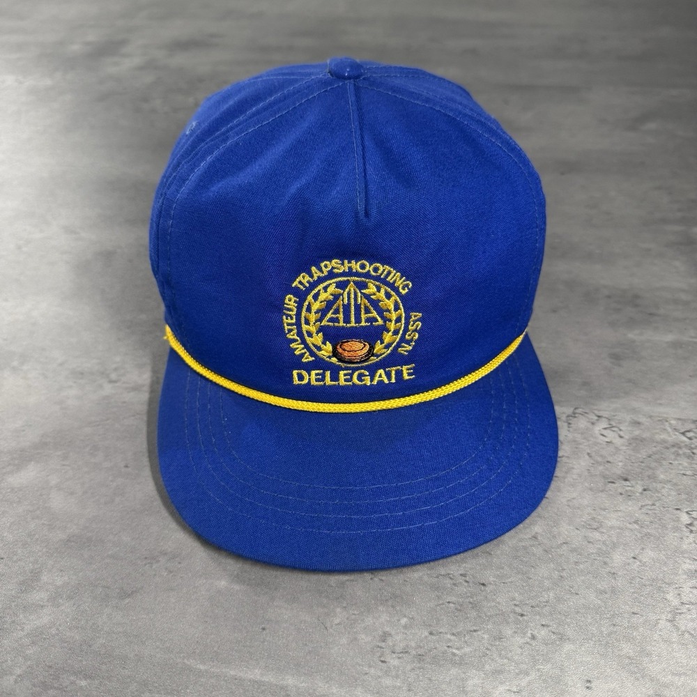 Vintage 80s Skeet Trap Clay Shooting Hat‎ Blue White Rope Trucker Leather Strap